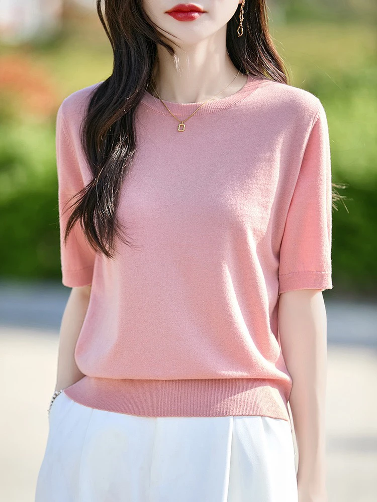 莱赛尔亚麻针织凉感短袖透气短袖洋气韩版夏季宽松显瘦中年T恤薄