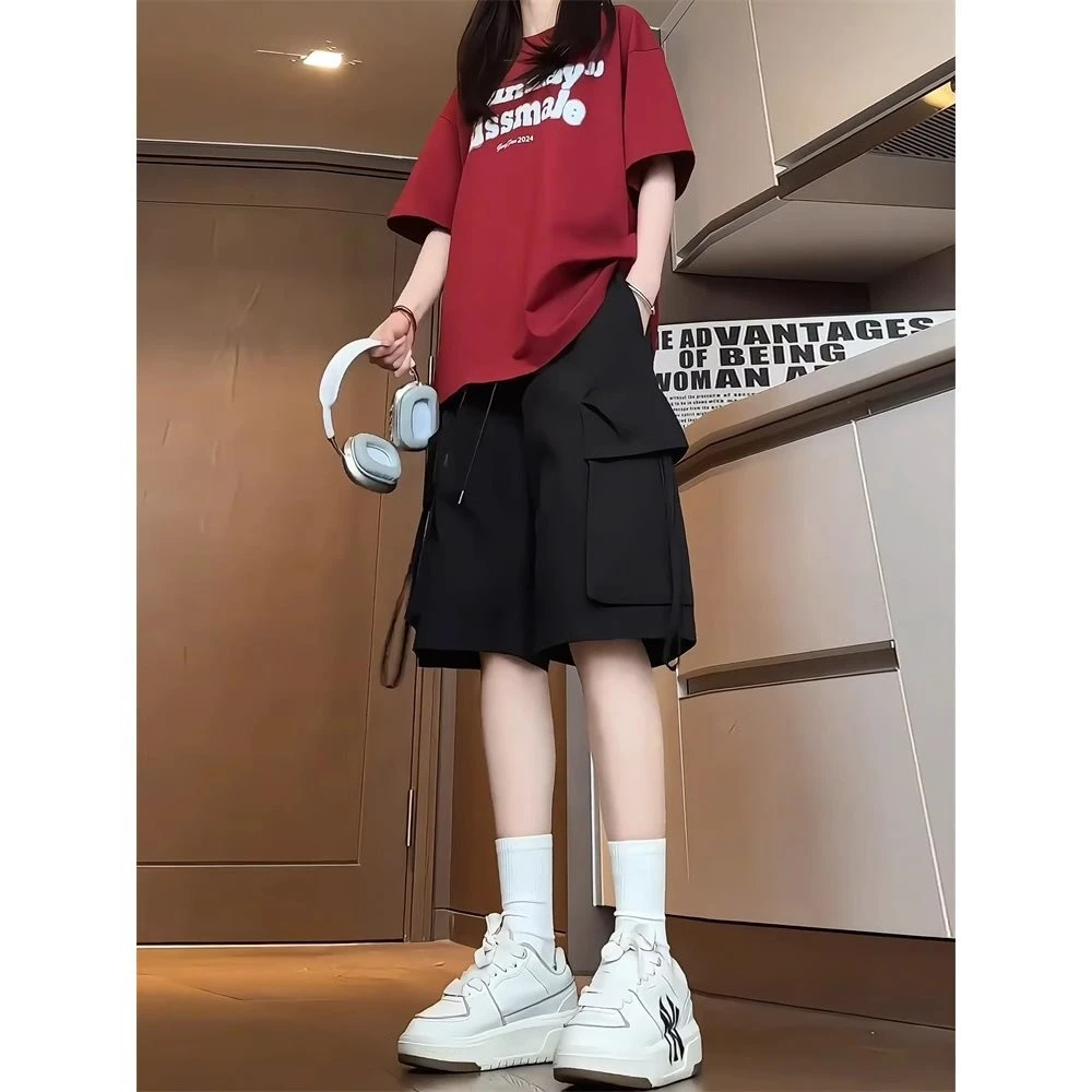 黑色大口袋美式潮酷工装短裤男女款休闲宽松直筒运动五分裤中裤