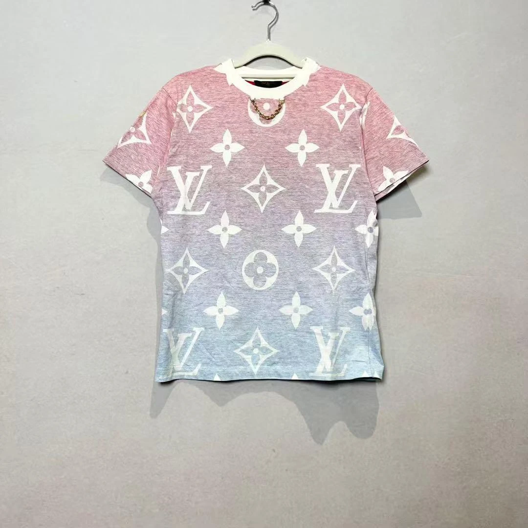95新 LouisVuitton/路易威登 红蓝渐变色满logo链条短袖S码