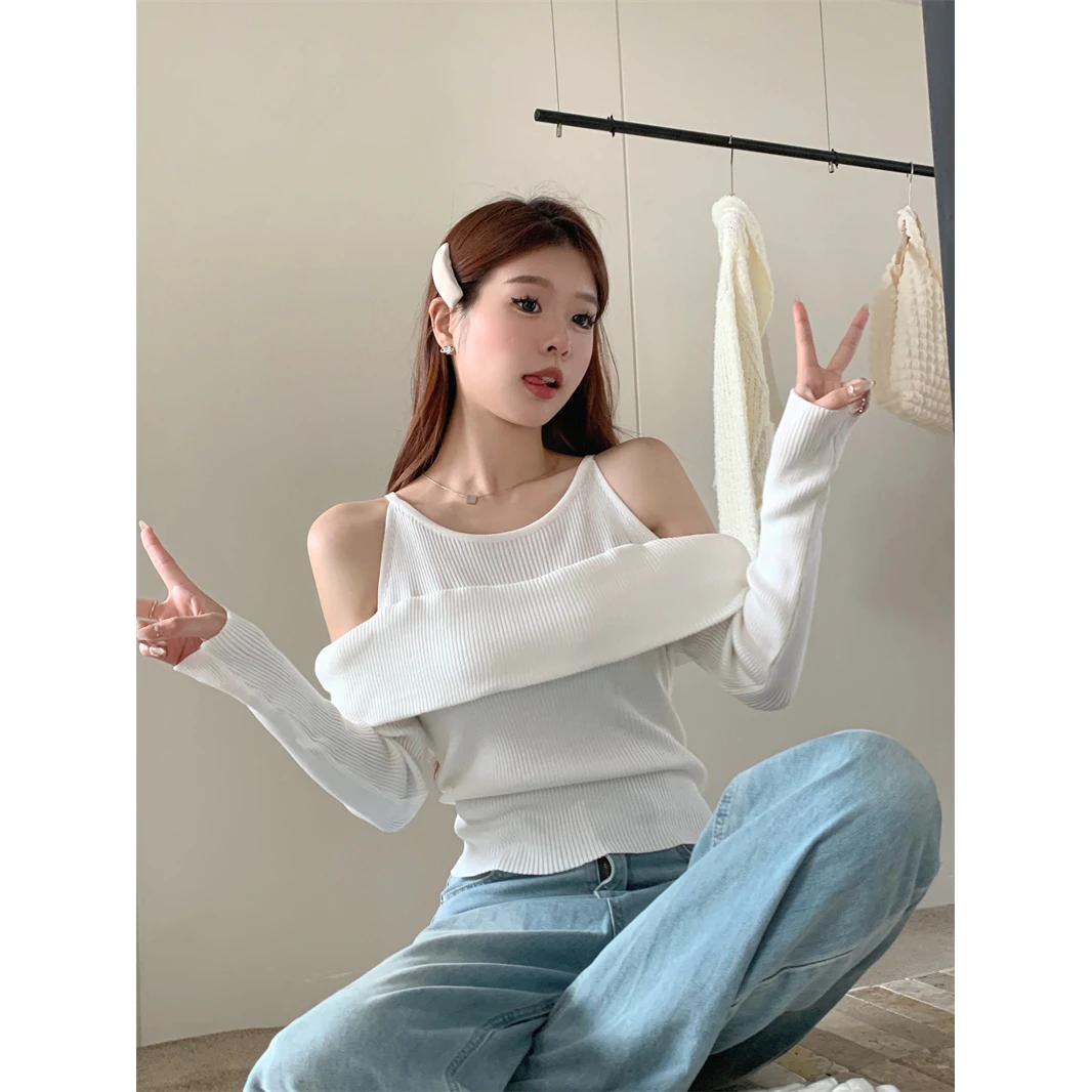 labella*假两件一字肩内搭白色上衣女高级感长袖纯色打底衫针织衫