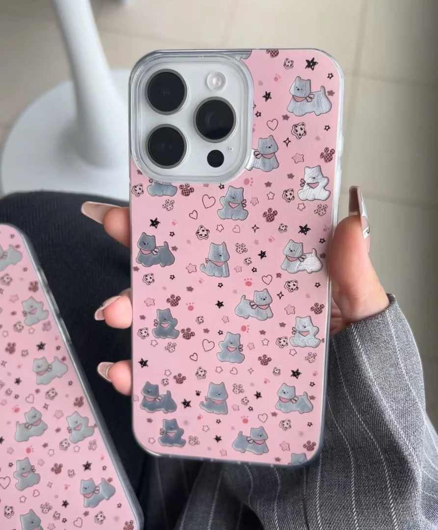 粉色星星小狗羽纱壳适用iphone16/15/手机壳华为vivo小米防摔创意