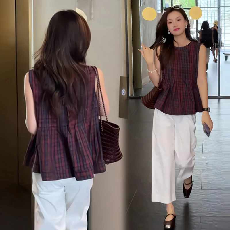 小个子穿搭一整套2025新款慵懒松弛感格纹背心上衣阔腿裤两件套装