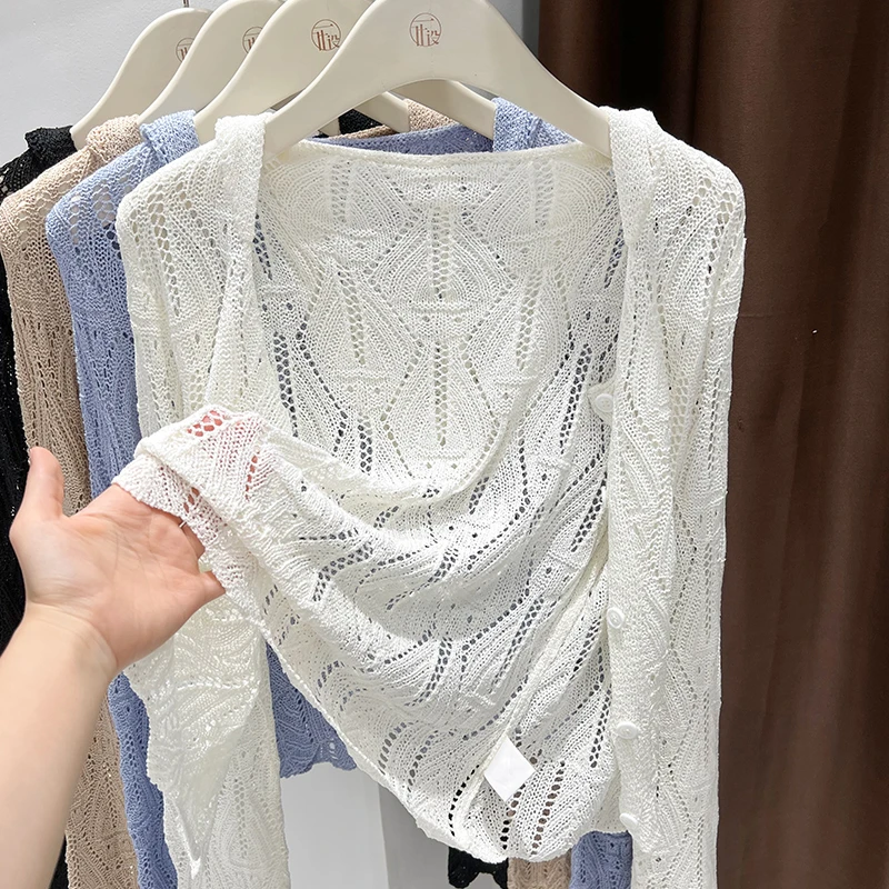2025新款法式针织开衫长袖防晒上衣薄款镂空百搭外套时髦洋气罩衫