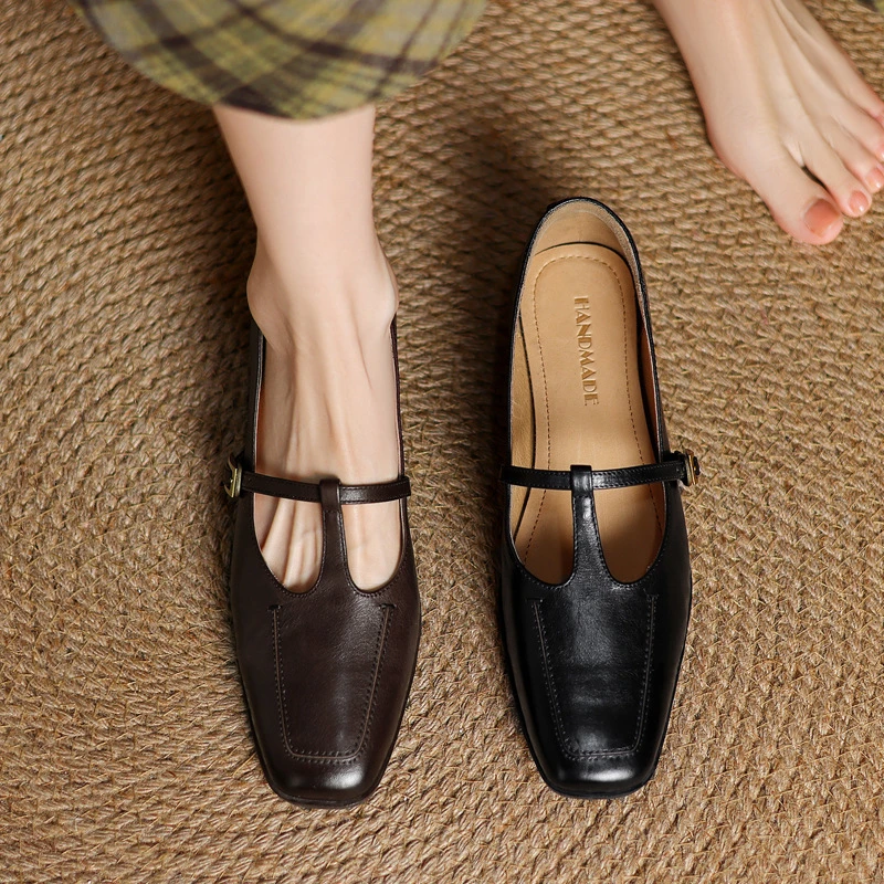 简约复古质感爆满牛皮玛丽珍鞋2025春季粗低跟方头真皮单鞋女40码