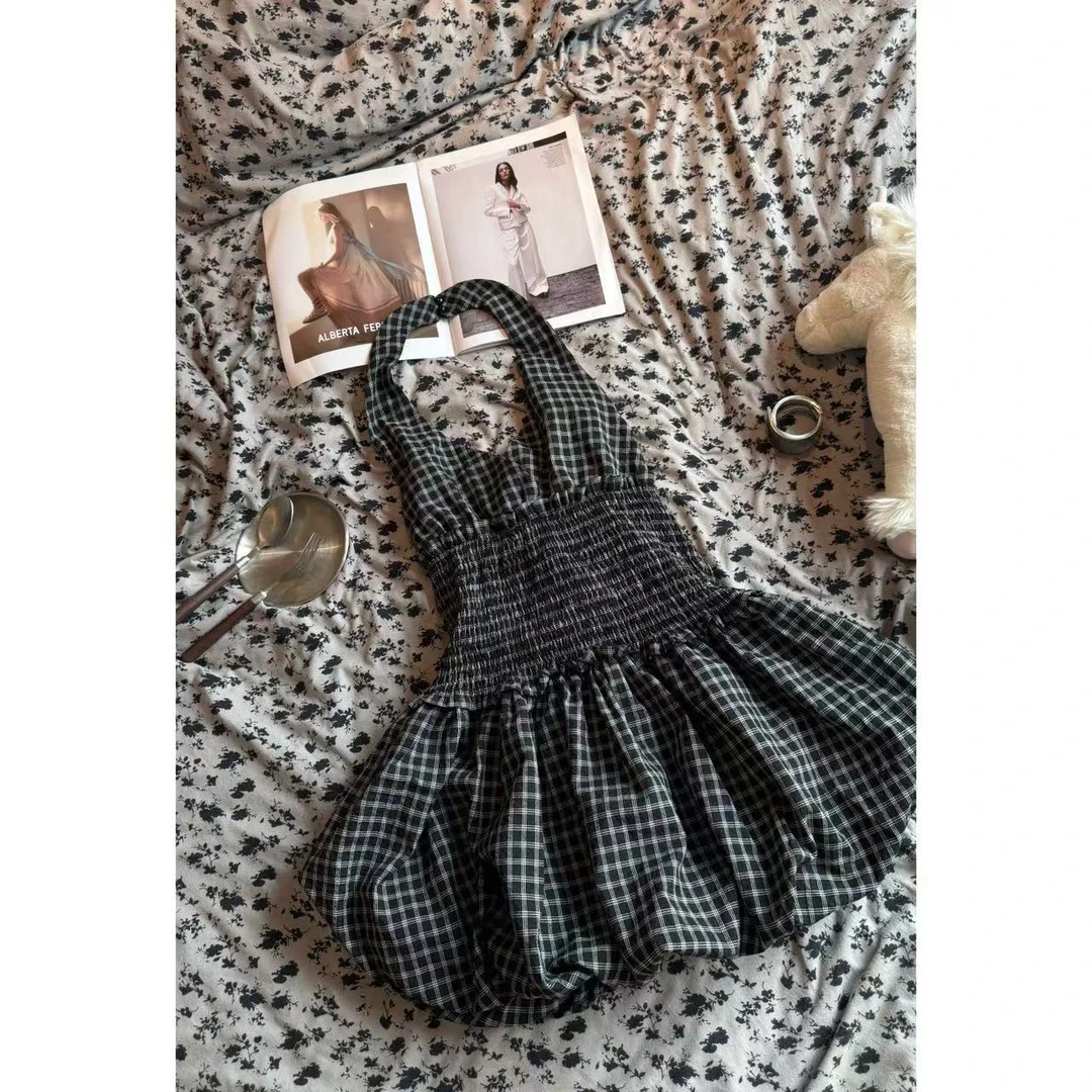 [山住一自制] 一格格 复古格纹挂脖连衣裙新款高腰连衣裙