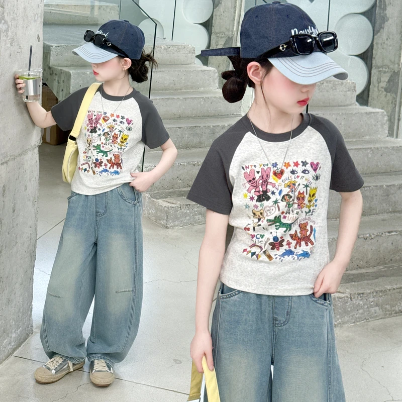 女孩套装夏装2025新款儿.童洋气拼色短袖T恤大童薄款牛仔裤两件套