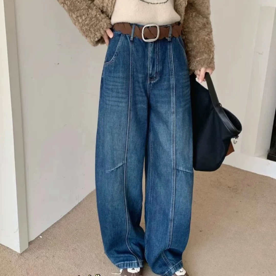 【女人家】8038秋冬新款复合厚绒保暖拖地阔腿裤高腰休闲牛仔裤