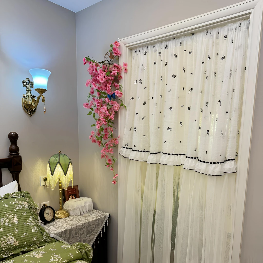 黑玫瑰法式浪漫复古碎花刺绣窗帘白色飘窗纱帘客厅卧室门帘