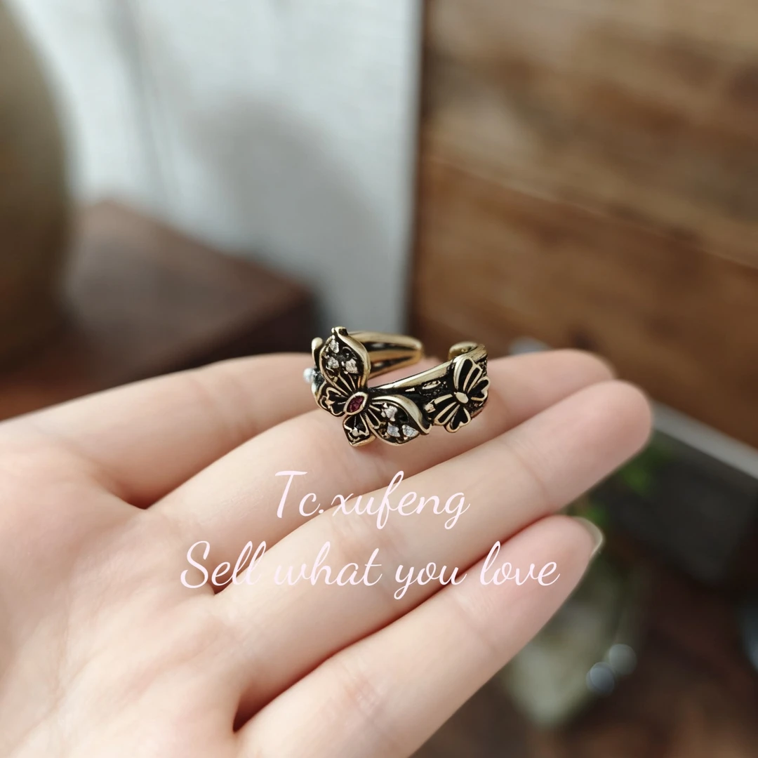 纯铜锆石戒指 复古蝴蝶高级感精致古铜不掉色戒指叠戴店主自留款