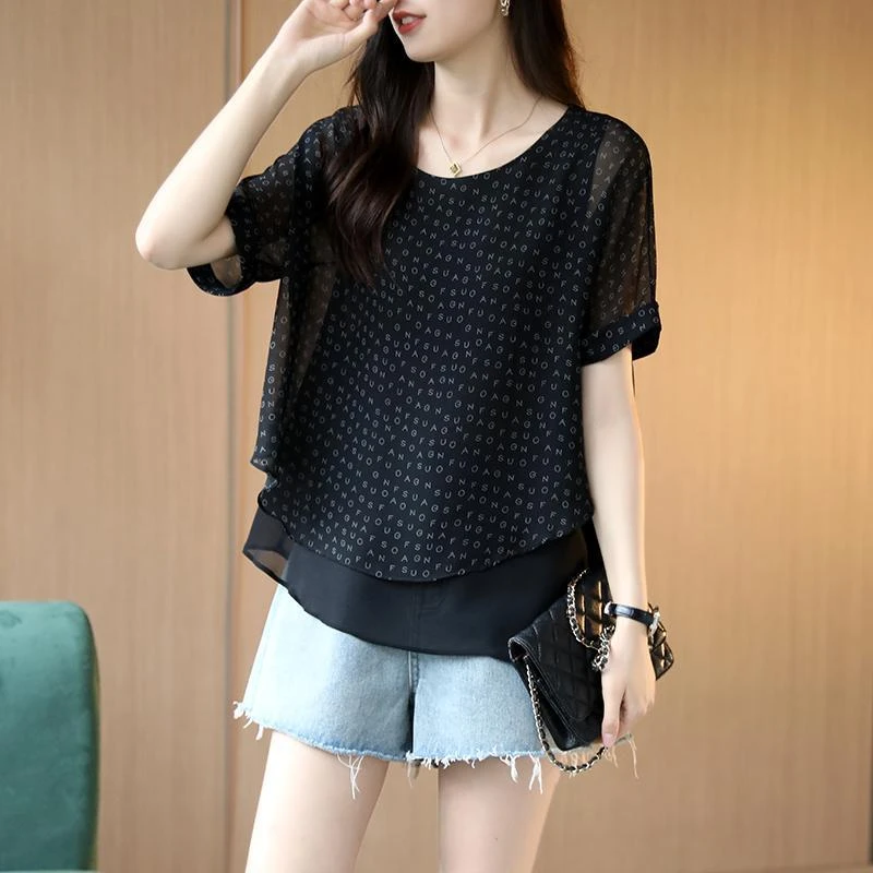 【柔软水印面料】夏季新款印花短袖雪纺衫女洋气宽松薄款上衣9071