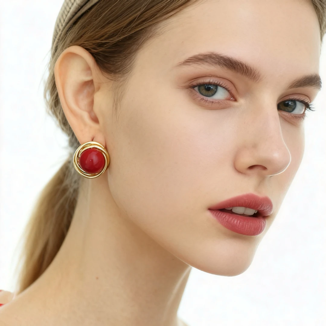 铜合金仿珍珠耳饰 高颜值复古气质款耳夹耳钉喜庆新年红耳钉