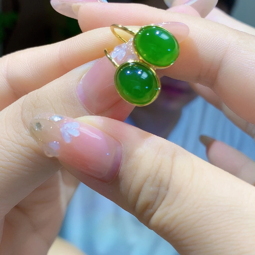 银S925镀金镶嵌和田玉（碧玉）耳饰