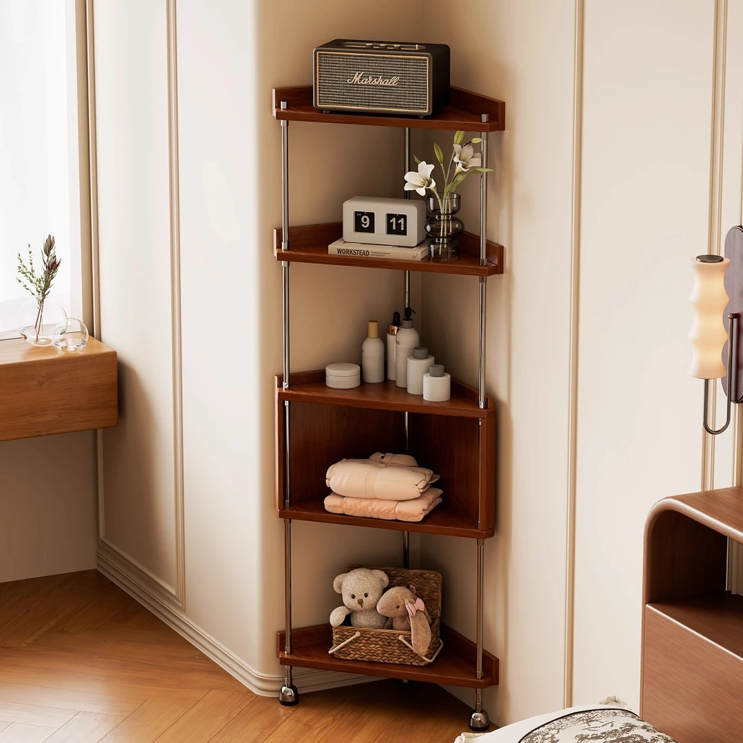 转角置物架中古风实木三角展示柜卧室转角柜省空间墙角落地置物架