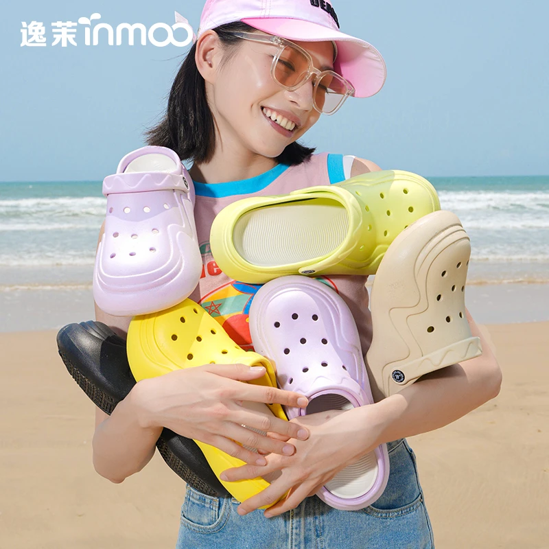 逸茉泡芙洞洞鞋女款夏季外穿增高2024新款时尚防滑沙滩厚底凉拖鞋