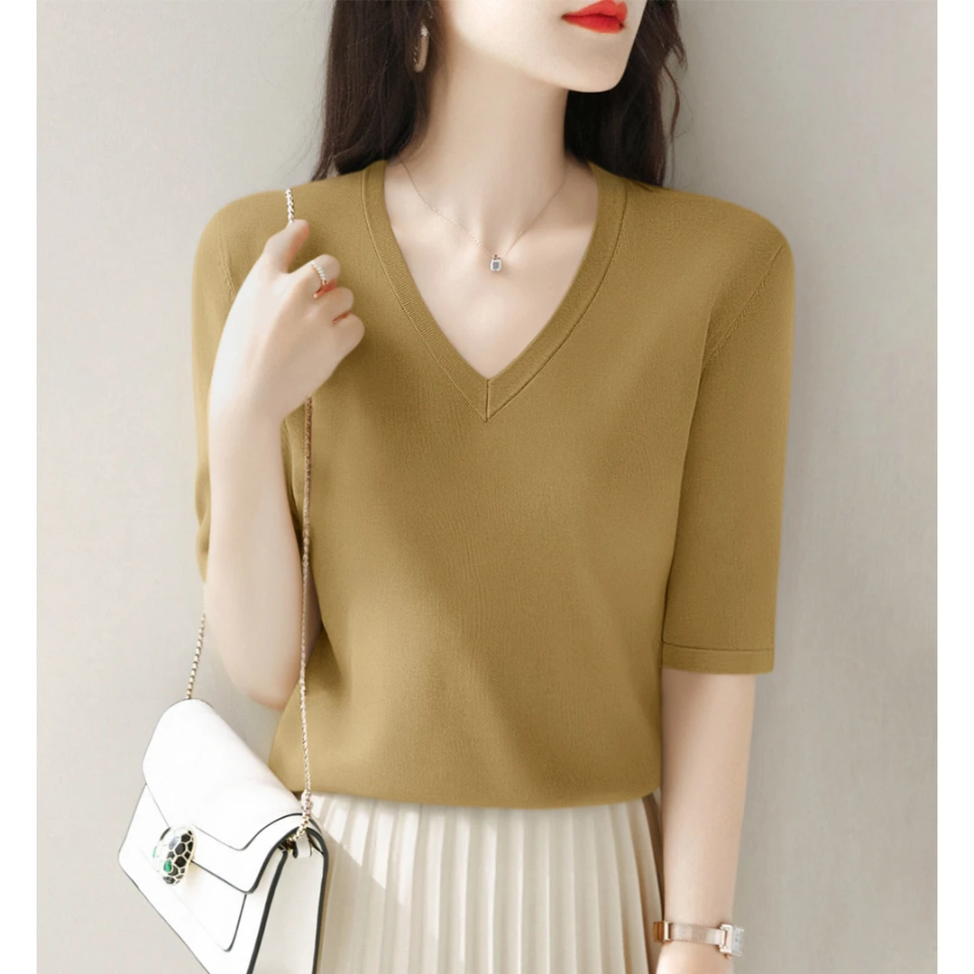 薄款v领套头显瘦透气舒适上衣女夏季新款五分袖宽松气质针织衫t恤
