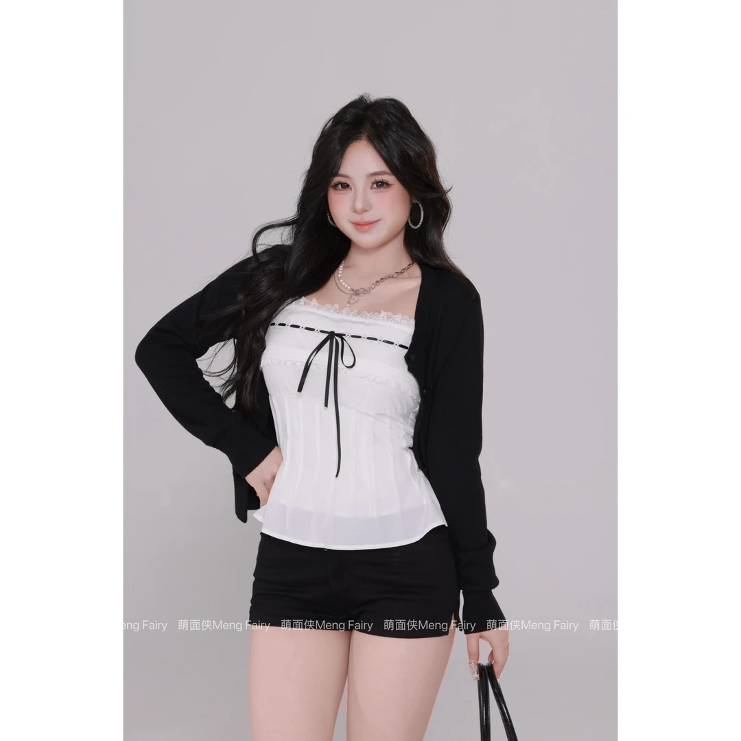 萌面侠【蕾丝絮语】纯欲重工吊带百搭毛织开衫套装流光风6536M5704M