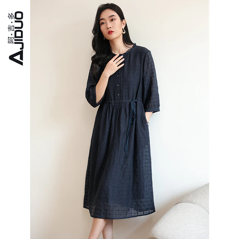 A31069阿吉多蓝色七分袖连衣裙女2025法式复古微胖高级感收腰裙子