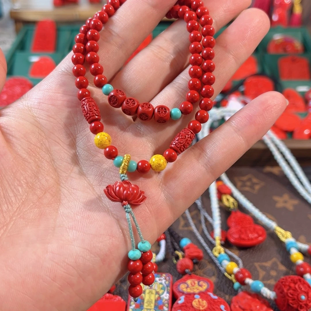 天然辰砂含辰砂工艺品卡5平安喜乐双圈手串