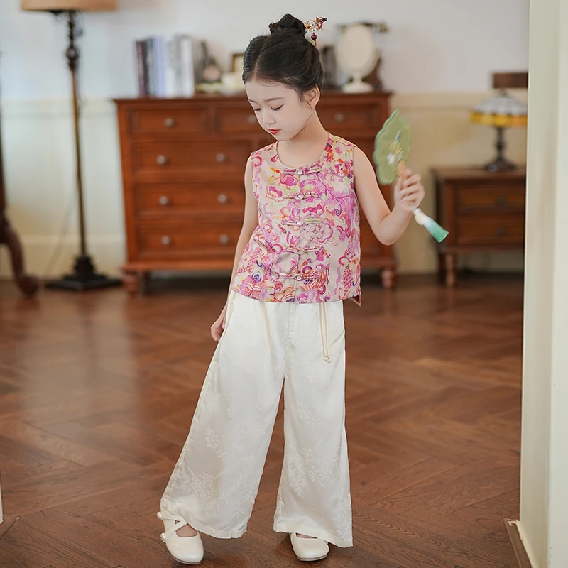 80662夏季女童汉服套装新中式改良古风唐装无袖马甲阔腿裤两件套