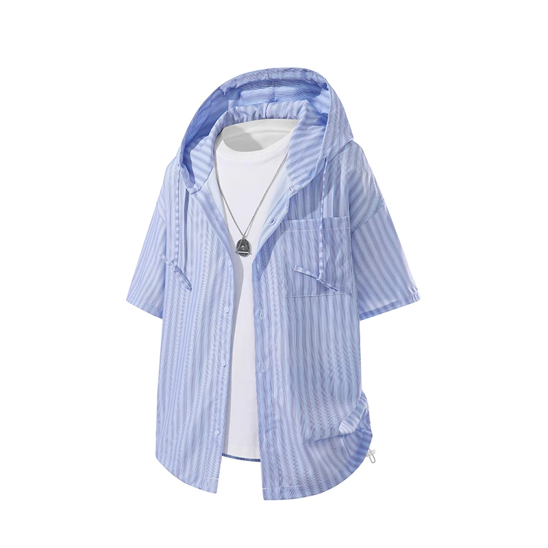 夏季新款工装连帽短袖衬衫男女宽松廓形抗皱丝滑垂感透气条纹衬衣