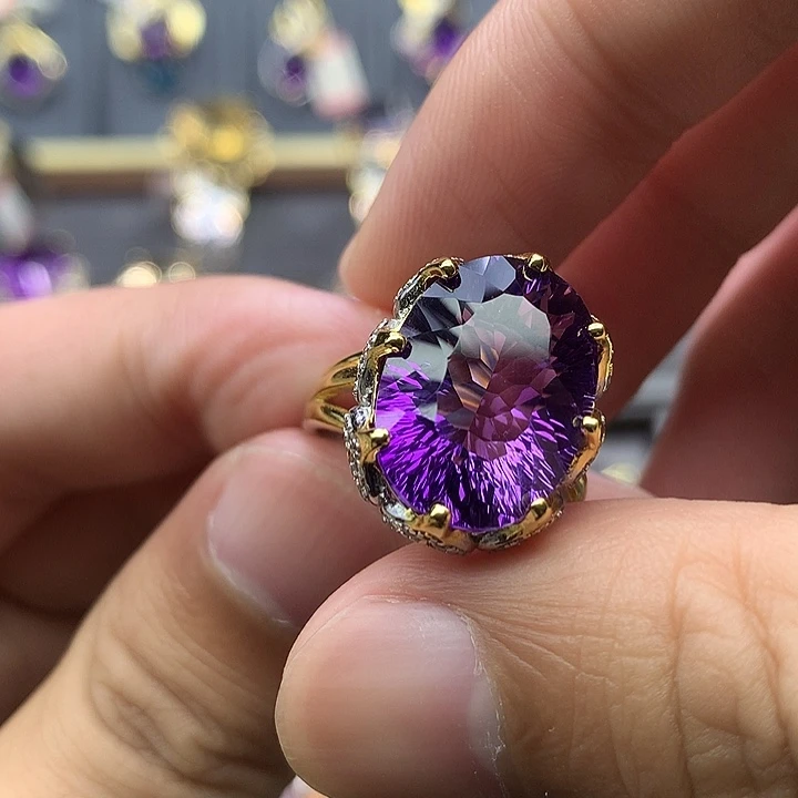水晶银S925镀金镶嵌戒指