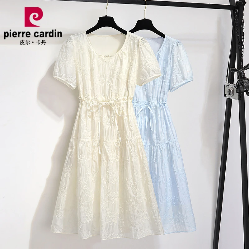皮尔卡丹蓝色连衣裙女2025夏季新款法式刺绣泡泡袖薄款收腰显瘦A