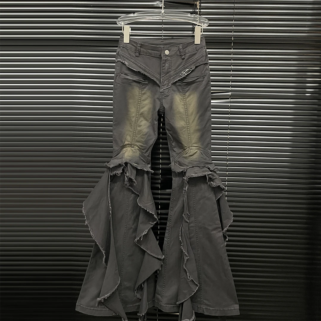 付新博女装拼接荷叶边喇叭休闲裤女复古废土风修身显瘦长裤13704