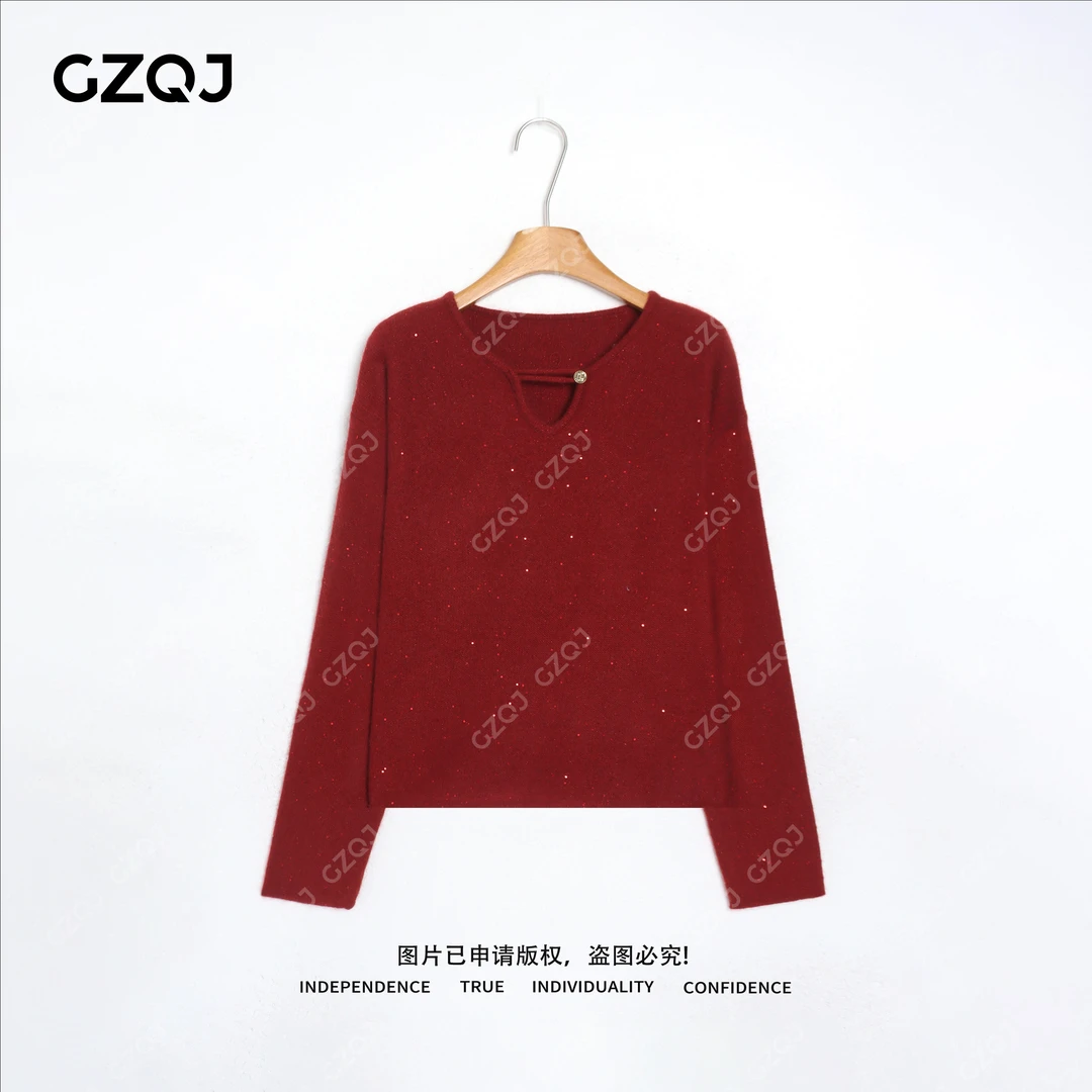 老琴私服【勃艮第光】绵羊毛山羊绒半开领长袖针织衫毛衣女冬季7756