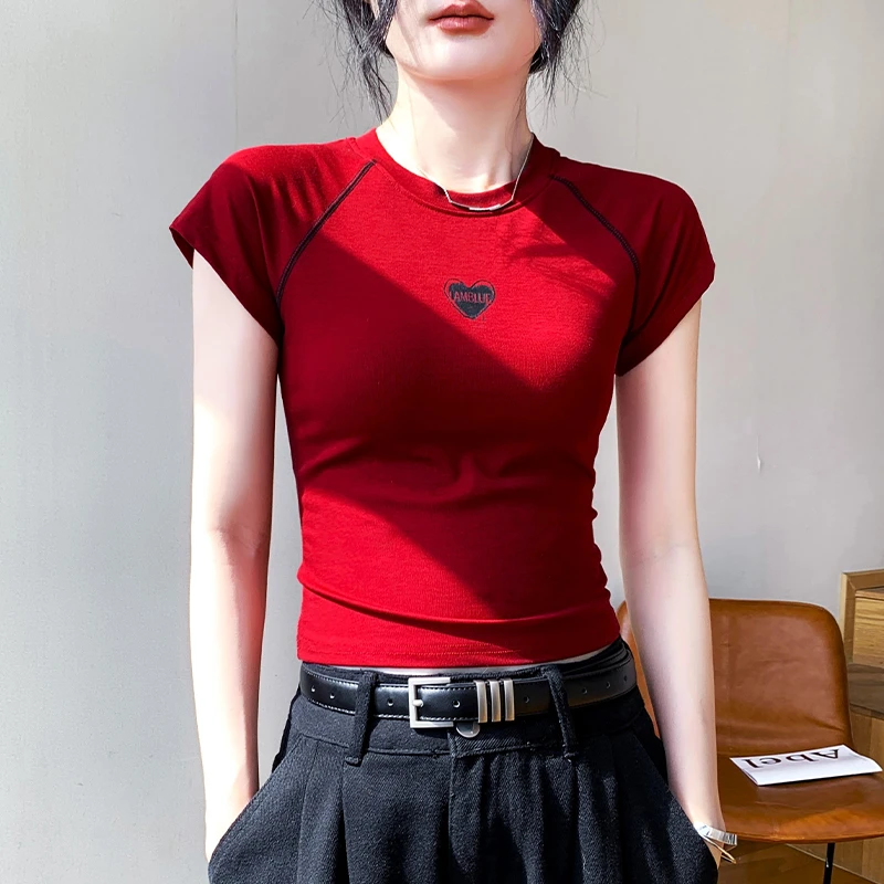 莱赛尔天丝圆领插肩短袖T恤女2025春季新款凉感修身爱心印花上衣