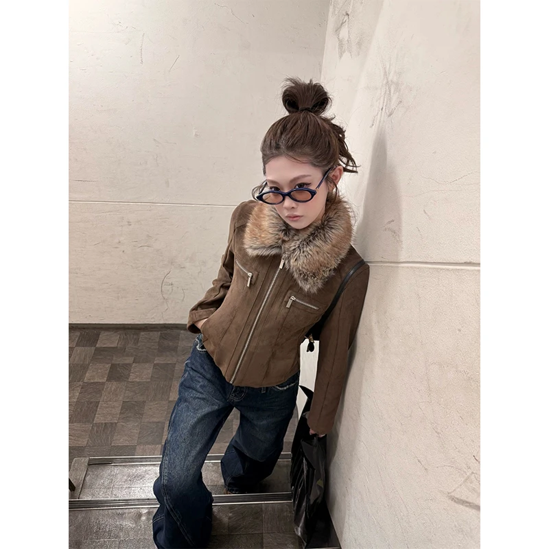 甜酷豹纹毛领拉链外套女2025秋季新款修身短款显瘦保暖长袖上衣潮