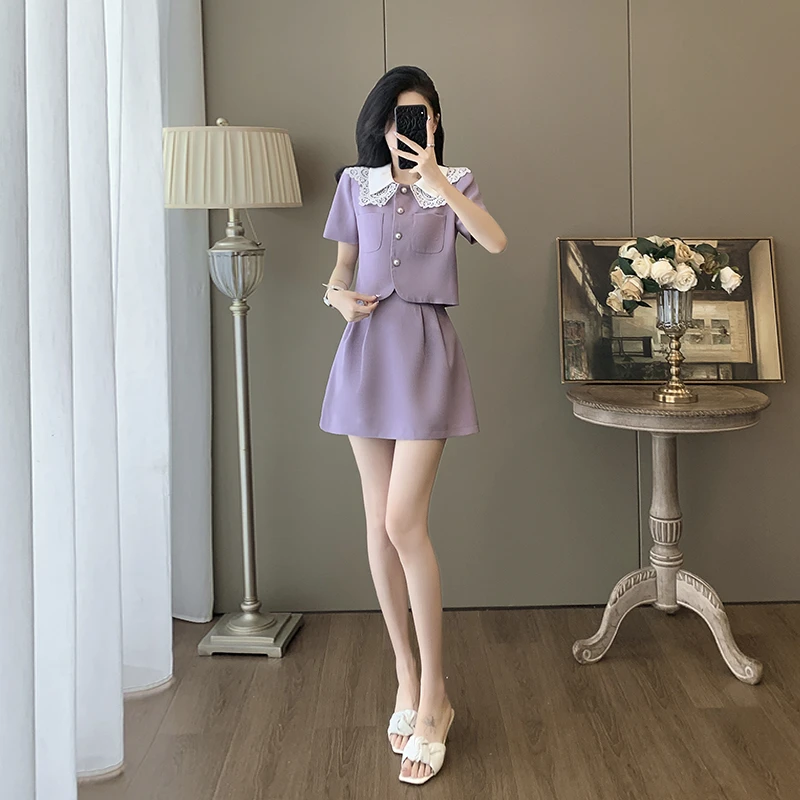 气质高端时尚套裙女2025夏洋气减龄紫色小香风短袖上衣短裙两件套