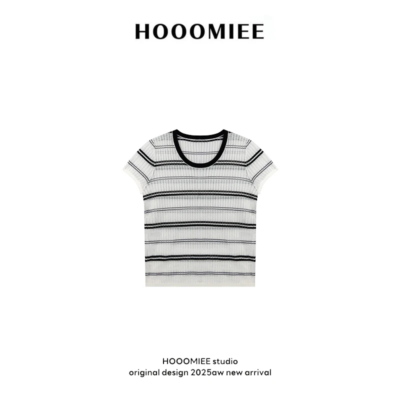 Hooomiee时尚条纹纹路柔肤百搭女士T恤短袖250193