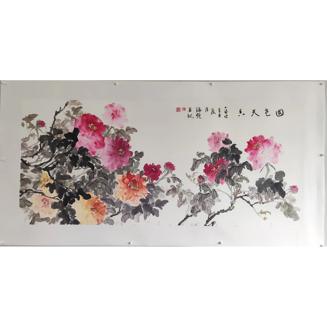 唐锦艳纯手绘国画作品写意花鸟牡丹紫藤小四尺138X60cm宣纸托底