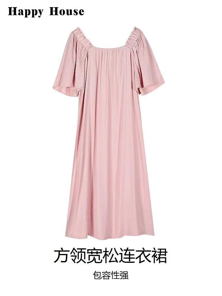 快乐屋夏薄款孕妇装凉感短袖方领连衣裙宽松长裙HH32577