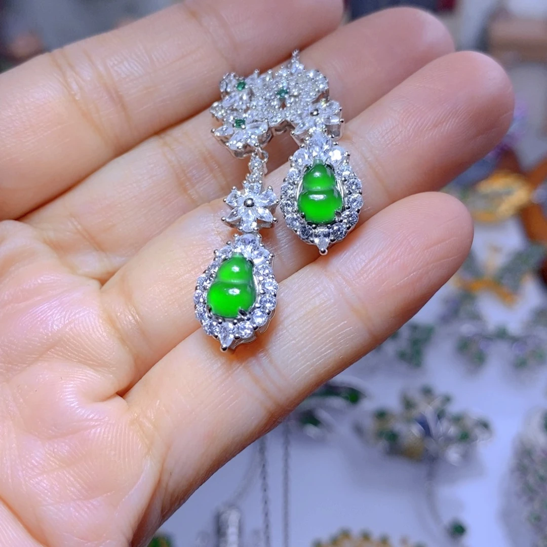 翡翠耳钉银S925镶嵌天然翡翠