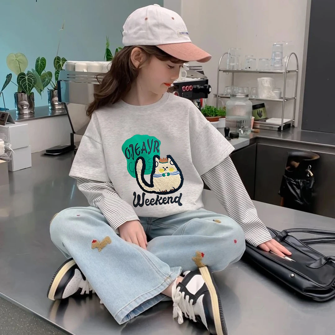 儿童纯棉春秋装长袖T恤2025新款中大童洋气印花上衣女童秋打底衫
