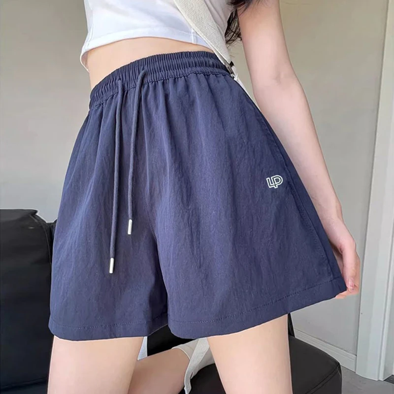 高腰刺绣夏季韩版五分裤裤子蓝色刺绣速干短裤运动