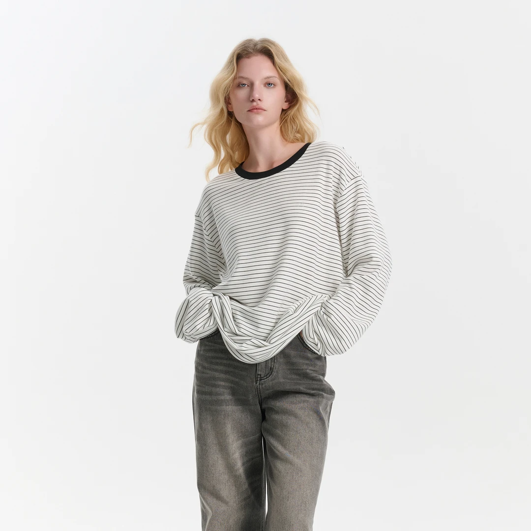 Three Quarters 24AW条纹慕丝德绒条纹logo烫钻休闲T恤秋冬上衣