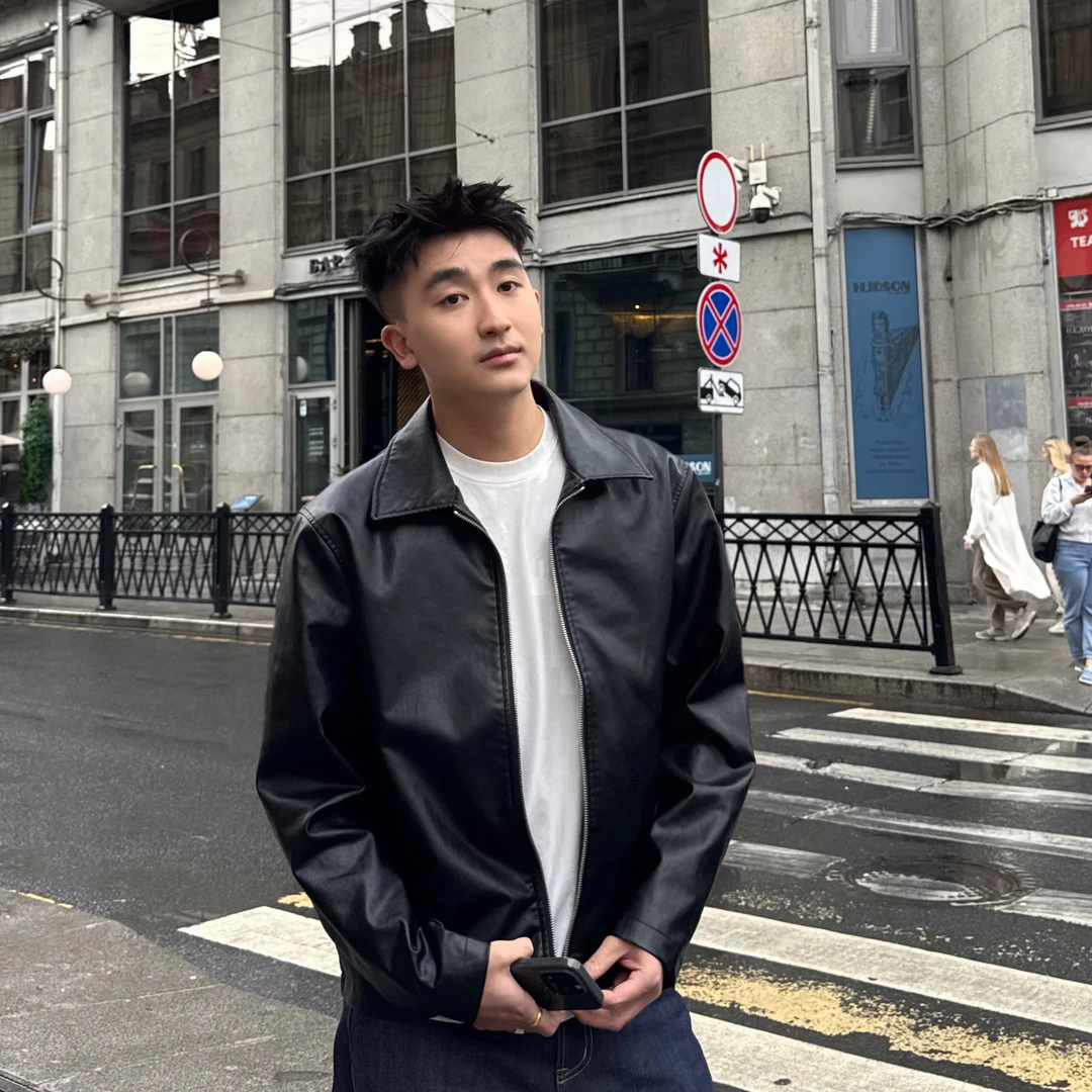 SANBAI 叁佰【黑骑士】基础经典纹理感PU短款皮衣夹克外套