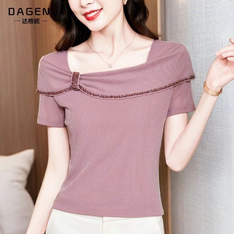 不规则方领钉珠网纱短袖T恤女2025夏新款亮丝小衫蕾丝打底衫上衣