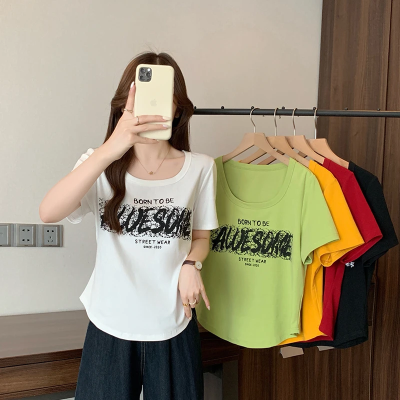 2025夏装新款胖mm大码女时尚多巴胺印花字母弧形短袖T恤A1812