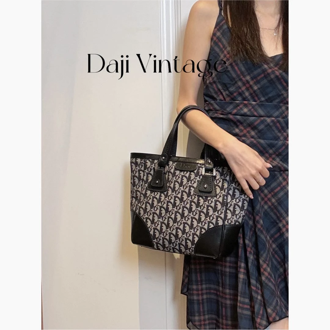 95新 DIOR/迪奥 大吉中古/Dior迪奥黑老花拼皮帆布托特手提包