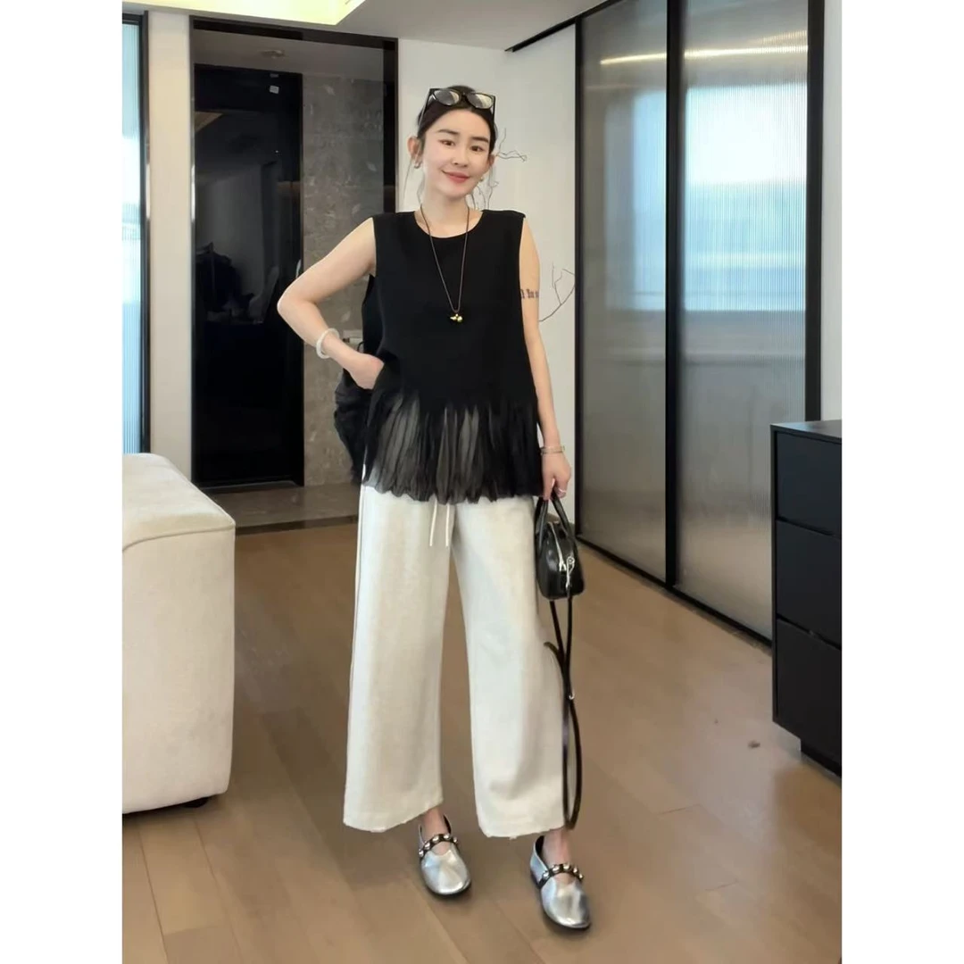 玖了个玖 2025春夏小众设计感下摆网纱拼接无袖上衣 2503C1156