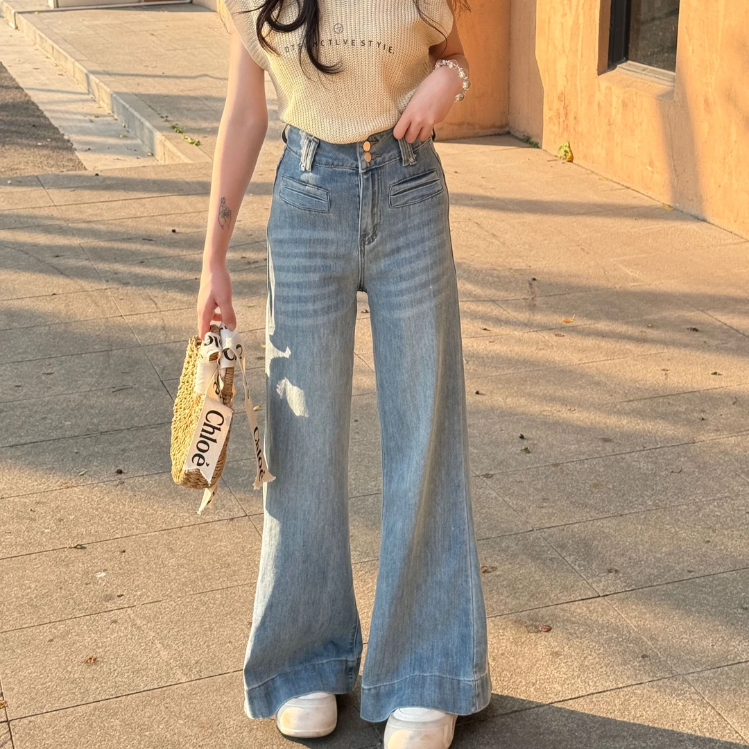 夏季浅蓝色高腰阔腿微喇牛仔裤女夏季宽松显瘦休闲垂感喇叭拖地裤