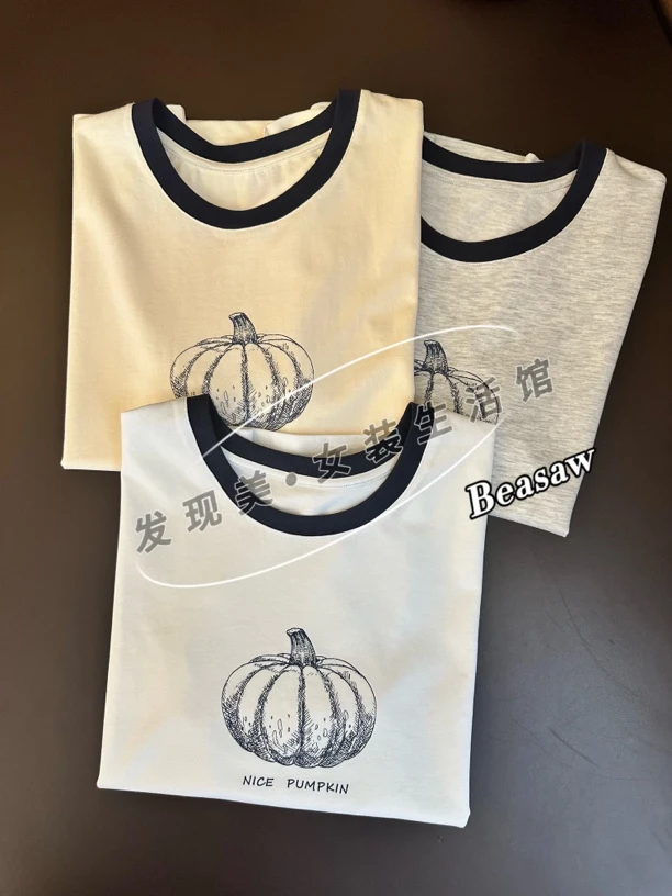 上新！撞色圆领南瓜印花短袖T恤女夏季时尚百搭短款上衣