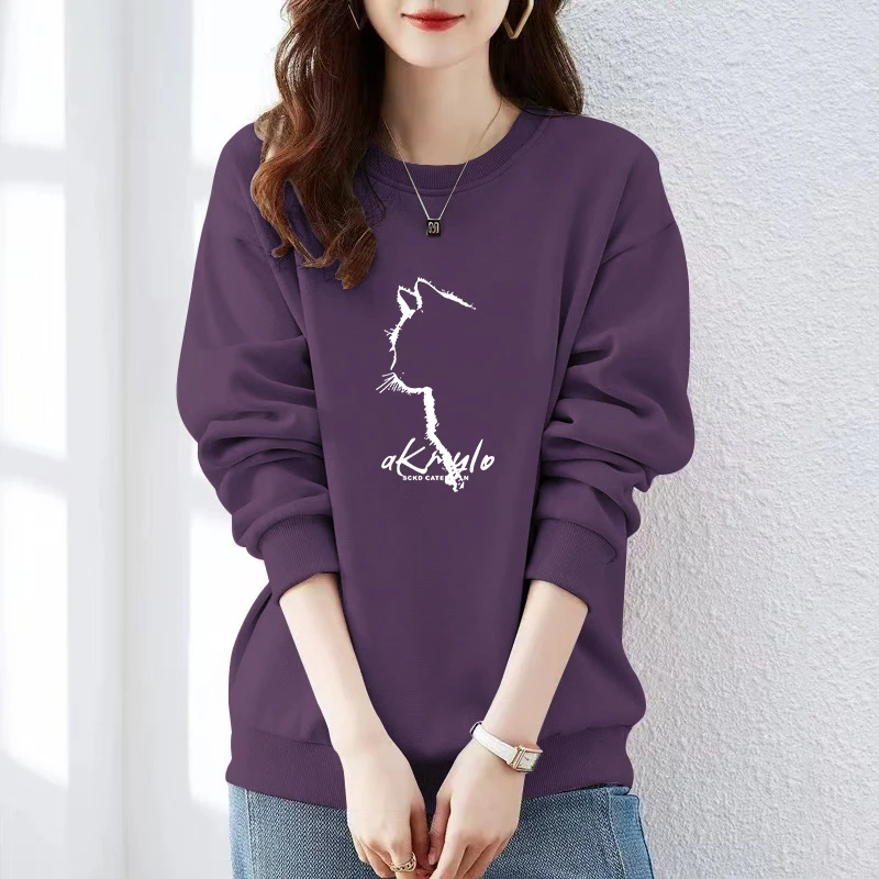 圆领卫衣女2025秋冬新款印花宽松套头帽衫藏青色休闲长袖上衣外套