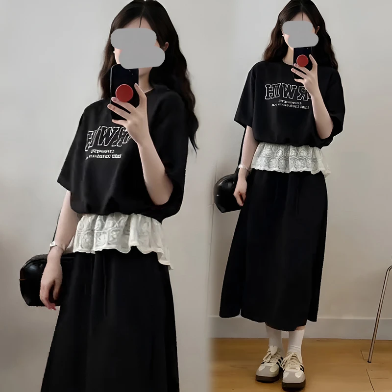 蕾丝拼接纯色卫衣休闲运动套装裙女2025夏绝美独特设计两件套减龄