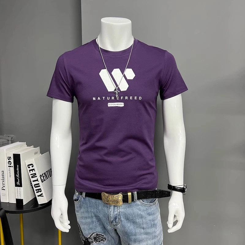 潮牌新款丝光棉男士短袖t恤男修身韩版潮流欧货印花冰丝男式T恤衫