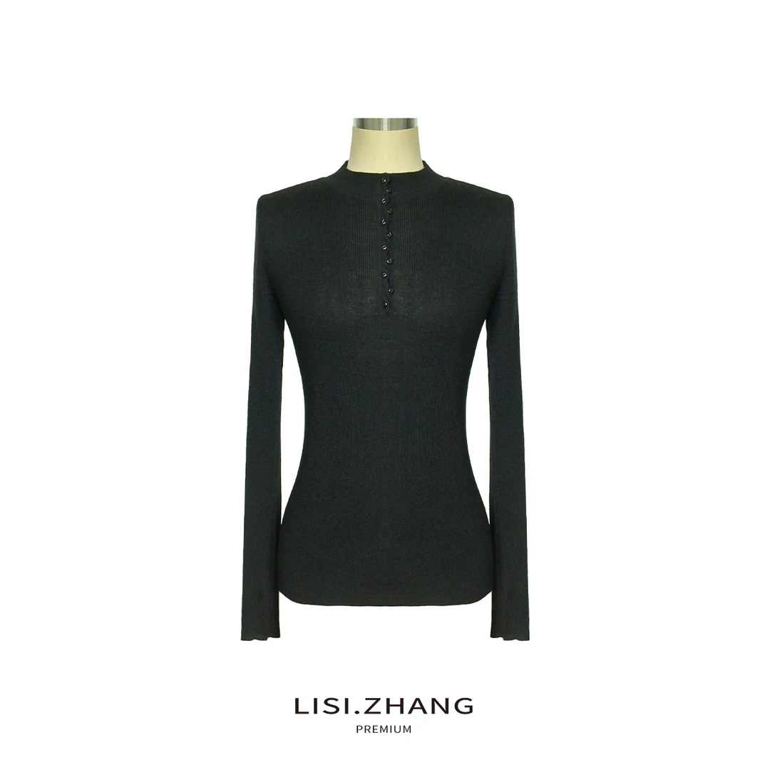 LISI.ZHANG--【精细羊毛衫】半高领纽扣装饰修身弹力内搭中领针织衫
