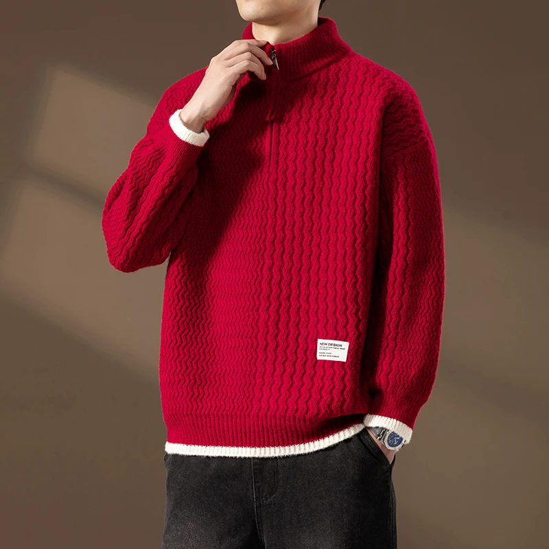 男士毛衣宽松慵懒风潮流帅气时尚秋冬季针织衫红色本命年休闲毛衫